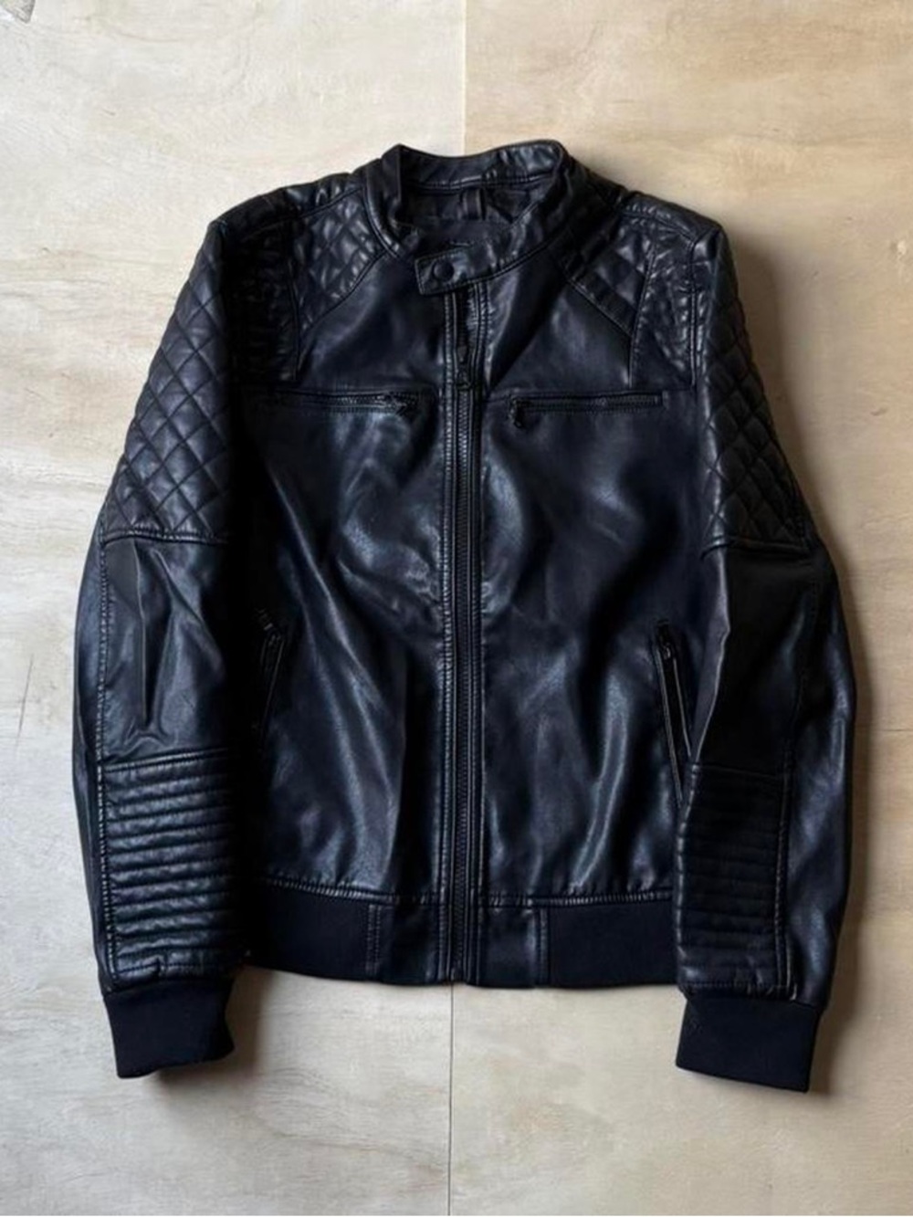 Men's Black Quilted Leather-Style Bomber Jacket